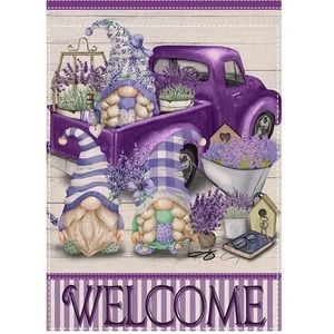 NIP Welcome Burlap Double Sided Garden Flag 
1pc, 12” x 18” Purple Truck Gnomes